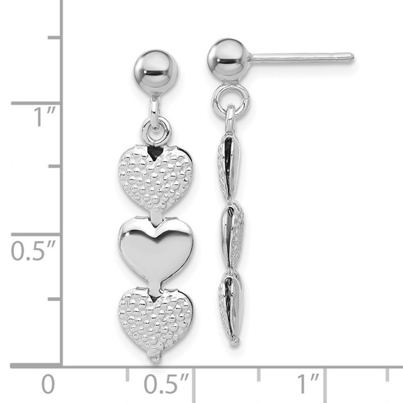 Sterling Silver Rhodium-plated Textured Hearts Post Dangle Earrings - Picture 2 of 4